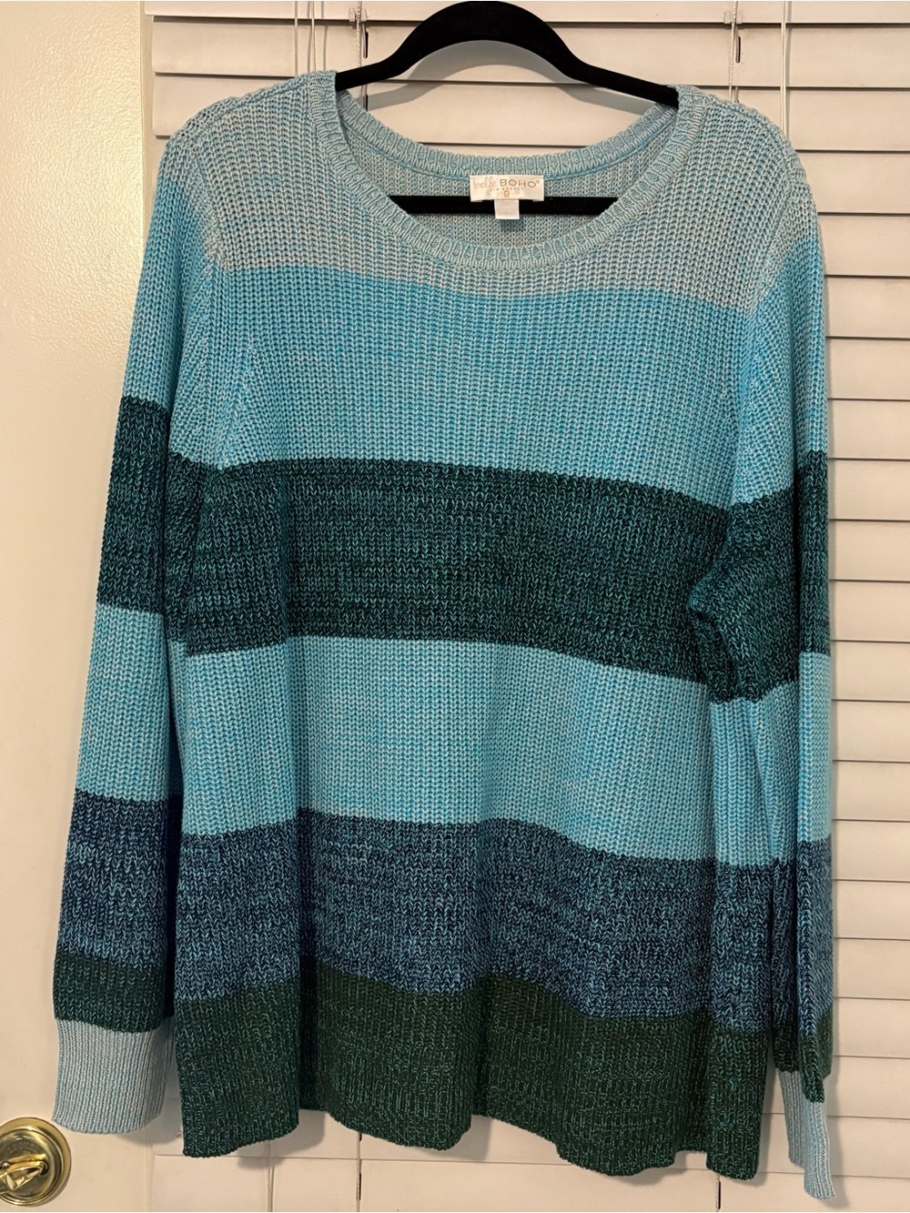 Belle Boho Women’s Color Block Knit Sweater Pullover Blue Green Striped 2X